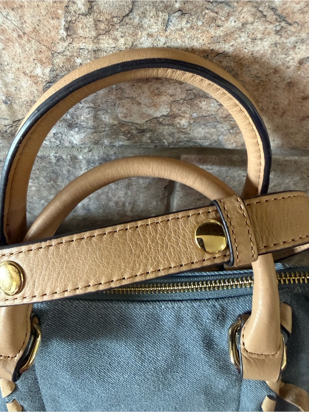 Aimee Kestenberg Blue Denim Canvas Shoulder Bag with Tan Leather Trim - Picture 3 of 8